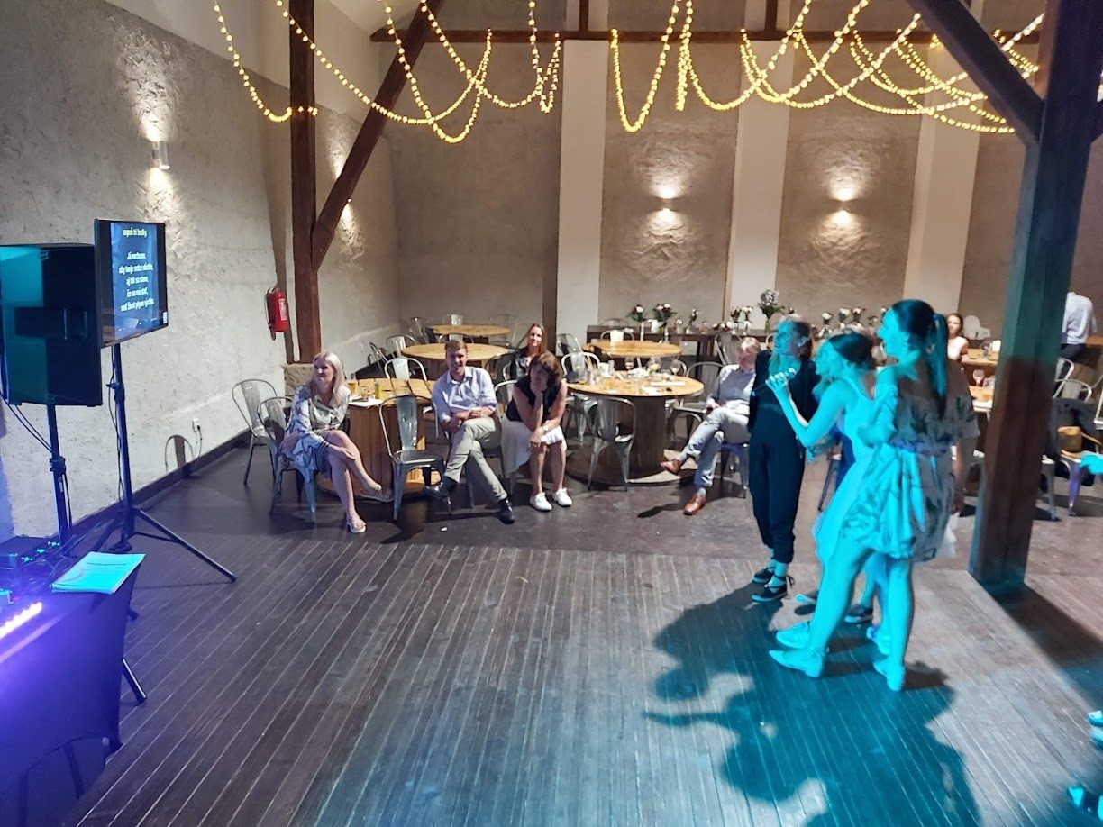Svatební hosté zpívají karaoke, text běží na obrazovce